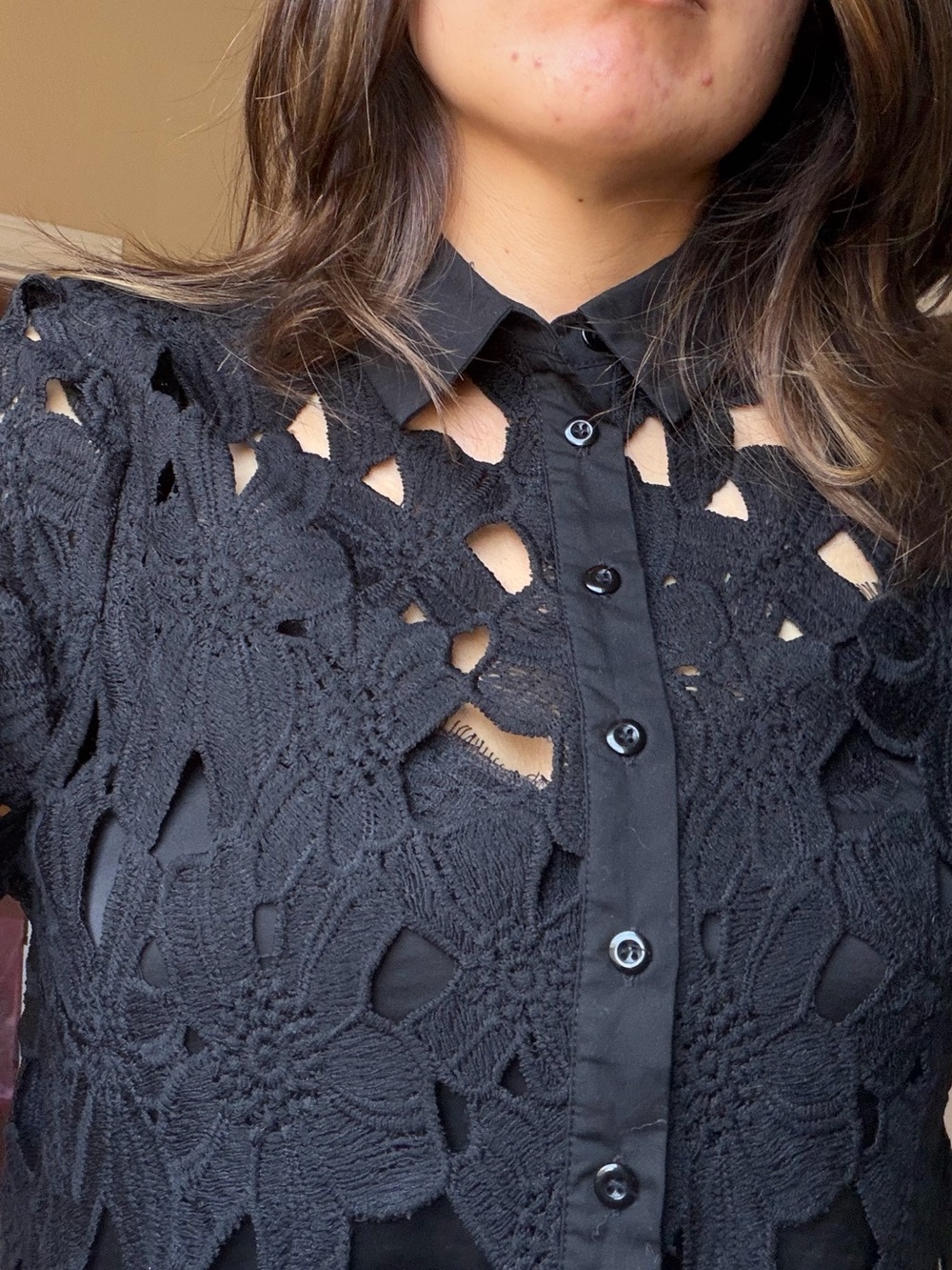Black Floral Lace Button Front Blouse Size M - Picture 4 of 7